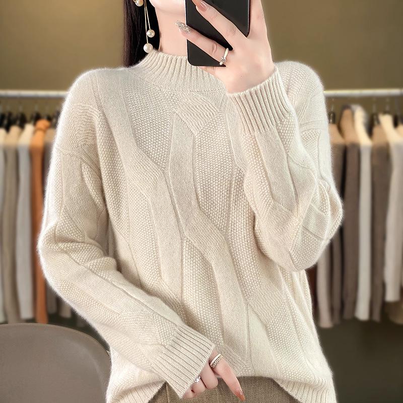 Women's Wool Blend High Neck Chunky Knit Sweater - Warm, Thick, Skin-Friendly Autumn/Winter Ready-to-Wear Arrival