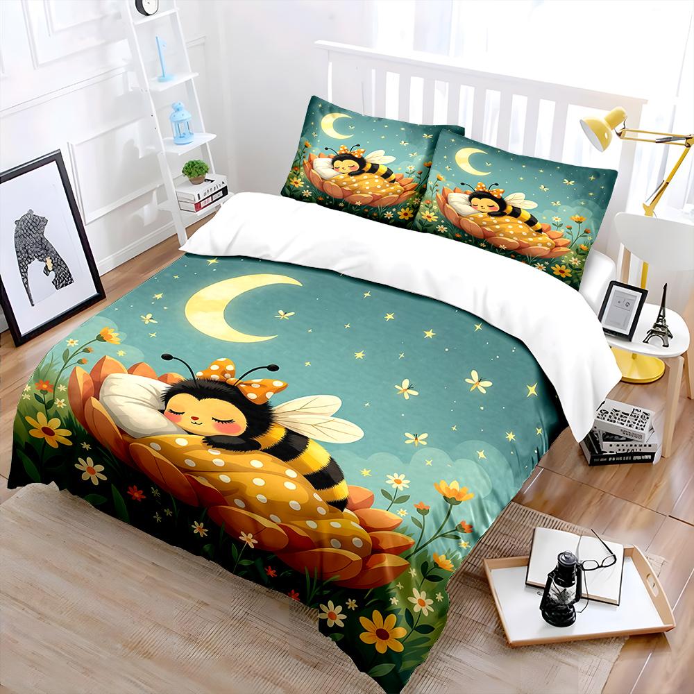 Bee sleeping on a flower bed Pattern Duvet Cover Set Digital Print Polyester Bedding with Zipper Closur for kids gifts