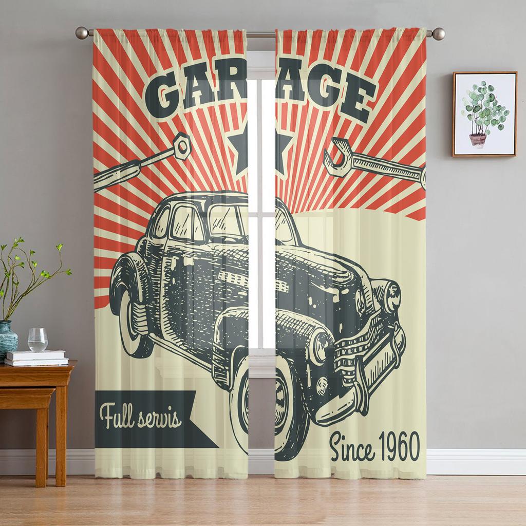 Car Service Mechanic Maintenance And Automobile Repair Rusty Metal Plates Tulle Sheer Curtains Living Room Voile Organza Curtain