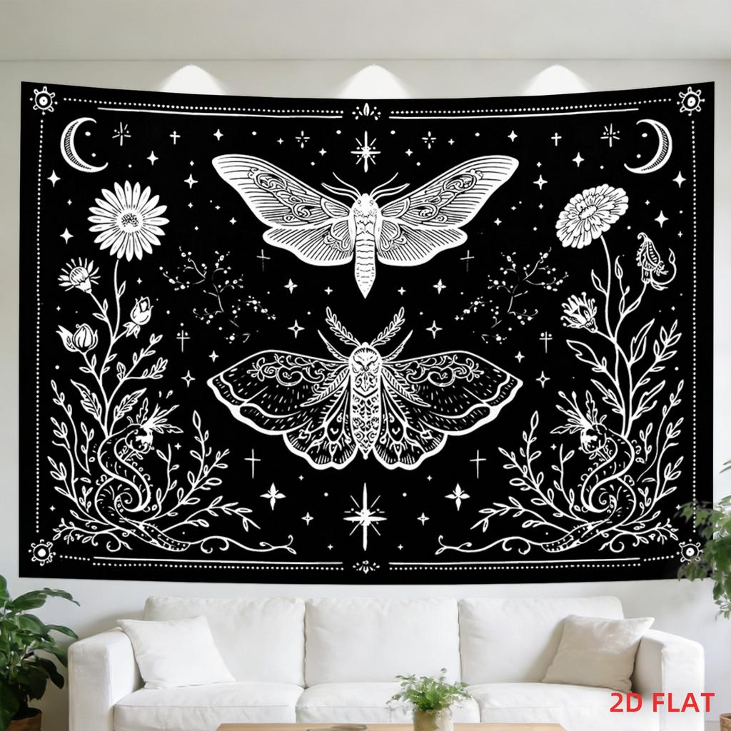 2D Flat, [2D Plane Printing] 1 Large Size/small Size Pattern Printed Tapestry- Moths, Flowers, Stars, Crescent Moons, Floral Wreath, Room Wall Decorat