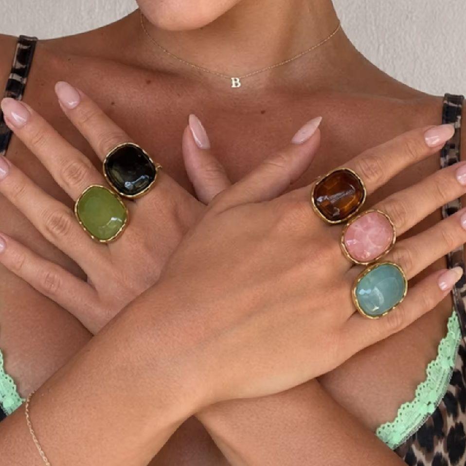 KunJoe Exquisite Multi-Color Acrylic Resin Adjustable Ring Women 18K Gold Plated Stainless Steel Rings Summer Waterproof Jewelry