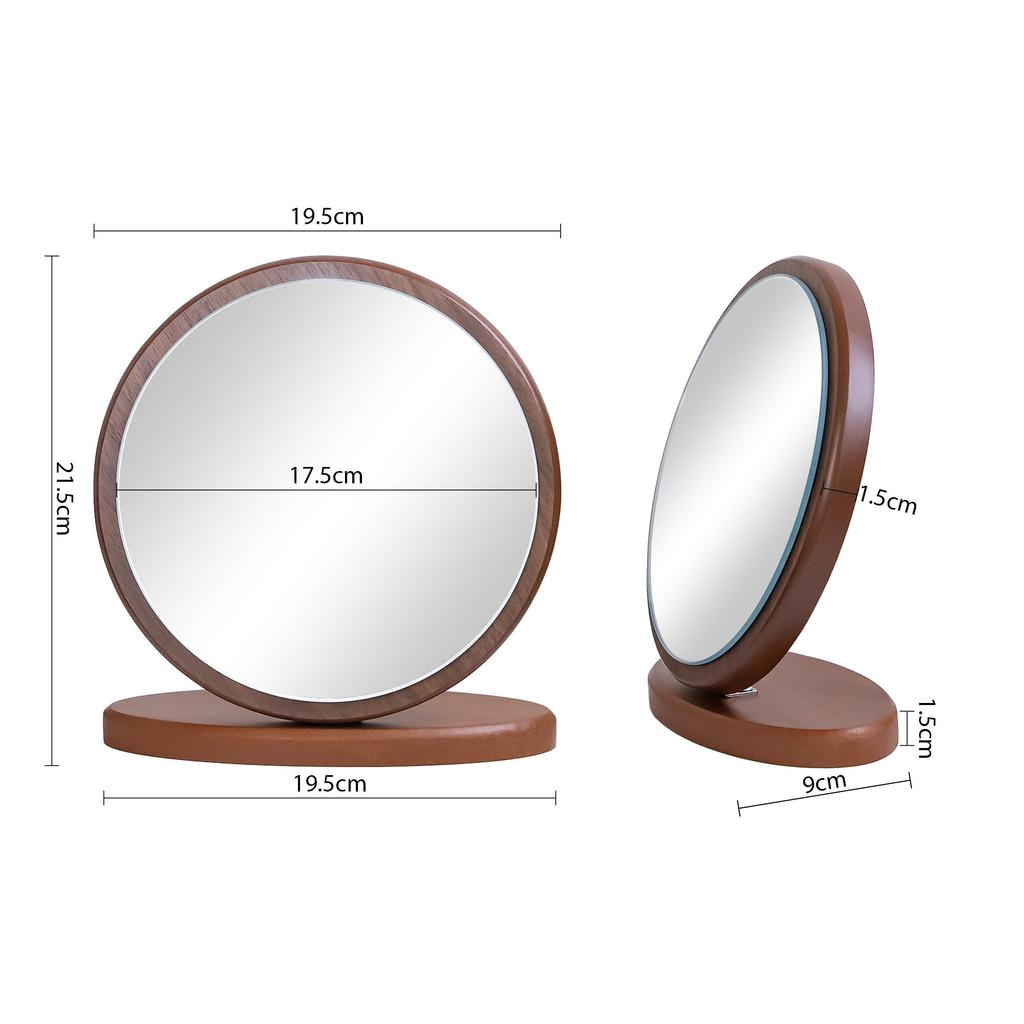Hohoemi 20cm Compact Mirror, MDF Walnut Finish, Safety Certified, Round, Tabletop Mirror, Lightweight, for Rental Apartments, Women