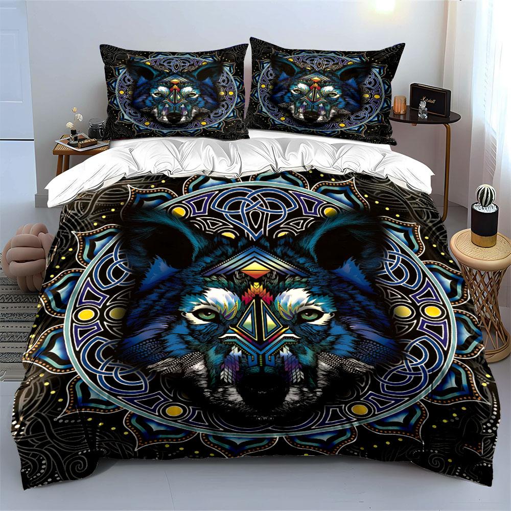 Geometric Wolf Design Three-Piece Set Exquisite Three-Piece Bedding Set Gift For Kids And Adults