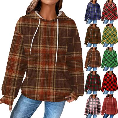 Women's Fashion Loose Hooded Pullover Long Sleeve Plaid Sweatshirt with Drawstring Drop Shoulder and Pocket Print Top