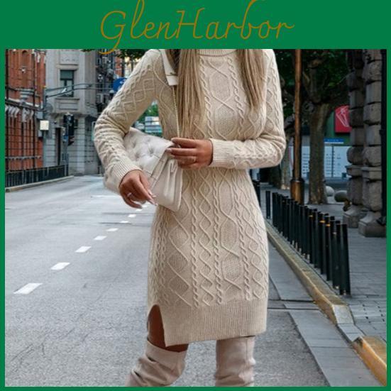 Dress Winter High Fall Sweater Collar Neck Protection Slim Fit Slit Hem Short Dress Long Sleeves Knitted Twisted Texture Dating Commuting Mini Dress