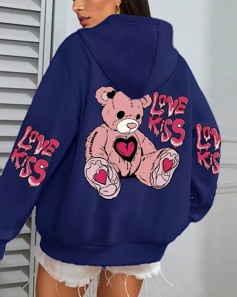 Women's Pink Love Kiss Letter Print Hoodie - Autumn Casual Loose Fit Fleece Pullover with Pocket.