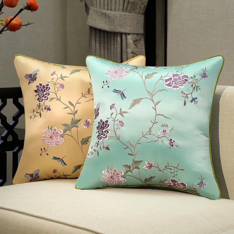 Chinese-style Embroidery Throw Pillow Redwood Sofa Cushion Cover Headboard Flowers Solid Wood Chair Lumbar Support Cushion Cover