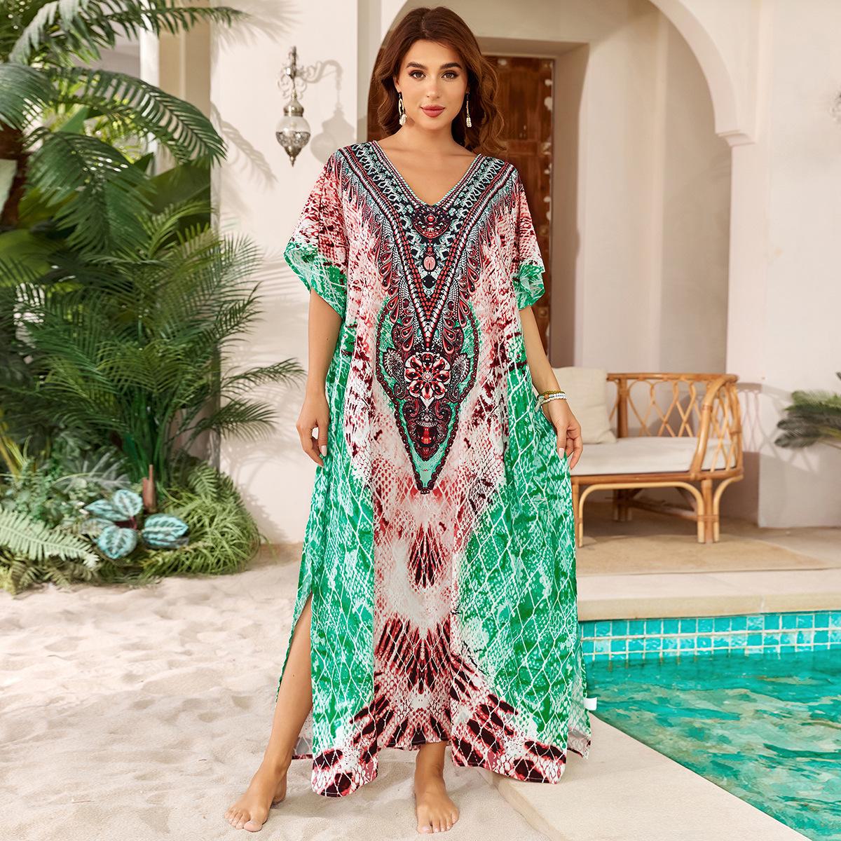 

Свободное пляжное платье с принтом зеленых перьев и накидка для бикини 5D01-1; One Size