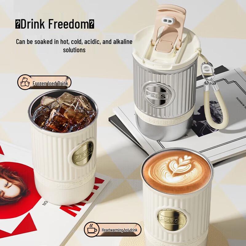 PEPSI 400ml Isolerad Kaffemugg i 316 Rostfritt Stål med Sugrör