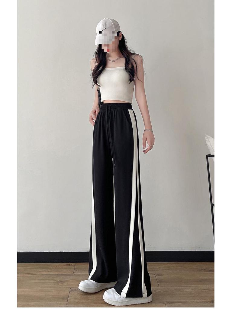 Women's Ice Silk Wide-Leg Sports Pants - Black, Thin, Straight, Loose, Casual Style for Spring, Summer, and Autumn