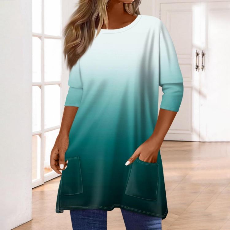 Women 3/4 Sleeve Round Neck T Shirt Casual Print Blouse Pullover Tops with Pocket Mid Length