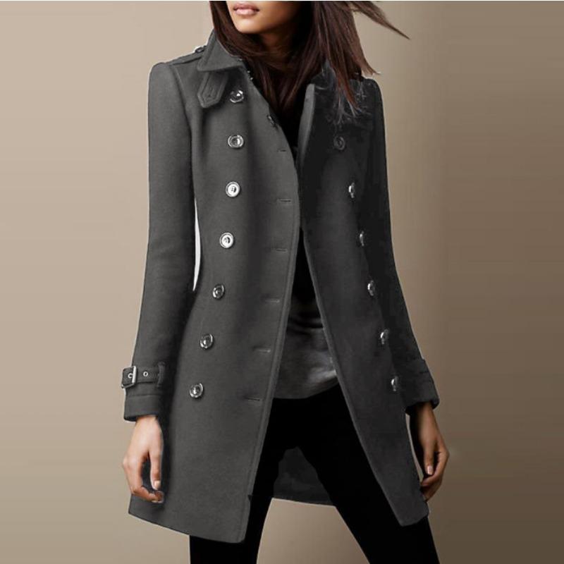 Women Casual Solid Double-breasted Coat Winter Vintage Full Sleeves Overcoats Versatile Medium Length Trench Outerwears