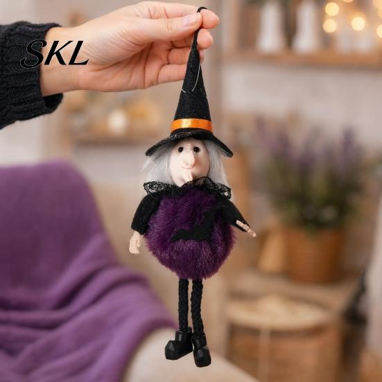 Witch Figurine For Halloween Plush Pom Hanging Decoration, Pumpkin/Ghost/Black Cat/Witch Doll Holiday Decoration Ornament for Tree, Porch, Window