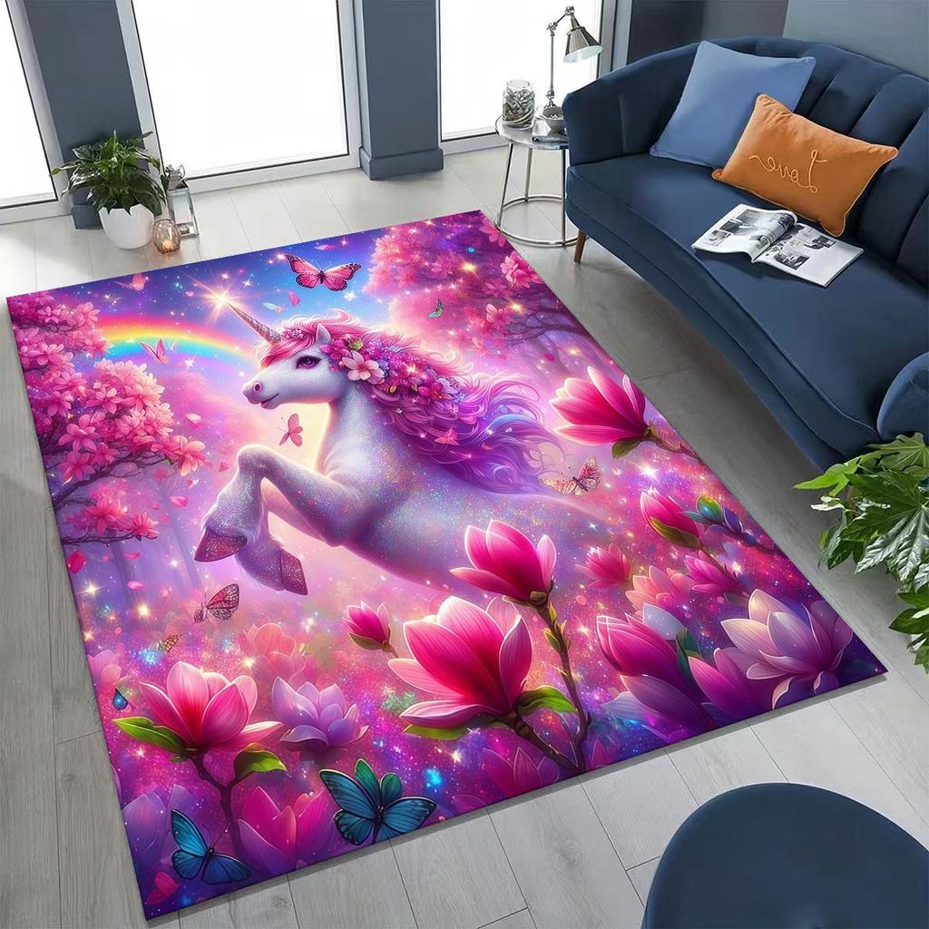 Cartoon Rainbow Unicorn Elves Girl Gift Rug for Bedroom Living Room Sofa Home Doormat Decor, Large Kid Play Non-slip Floor Mat