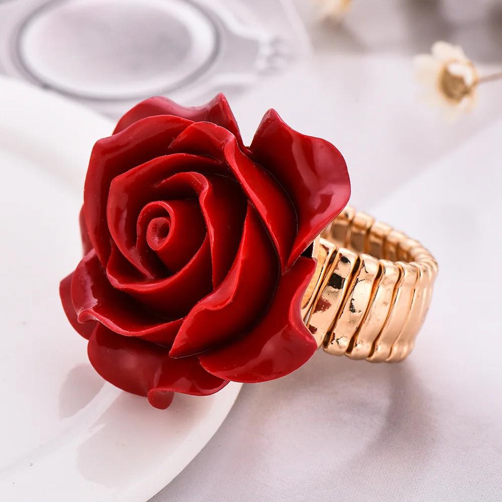 

New Arrival red colors Resin Rose Flower Gold-Color Adjustable ring Women Wedding party Fashion Statement Finger Rings resizable