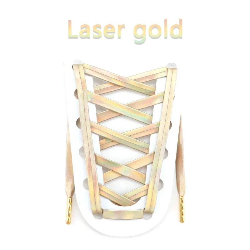 Luxury Gold Silver Laser Reflective Shoestrings Flat Leather PU Shoelaces Waterproof Quality Metal Head Shoe Laces Accessories