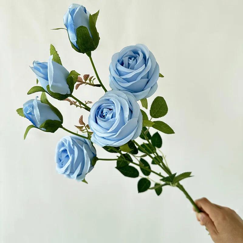 

Simulation Flowers Silk Little Roses Wedding Decorative Pink Fake Flower Artificial Rose Branch Hall Decoration Flora Plant світло-синій колір