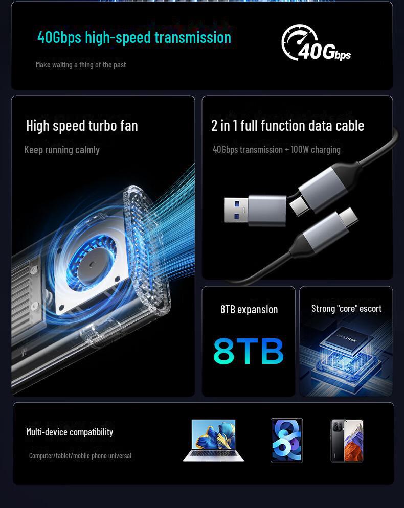 Carcasă externă Orico USB4 M.2 NVMe pentru SSD, compatibilă cu Thunderbolt 4/3 și răcire cu ventilator