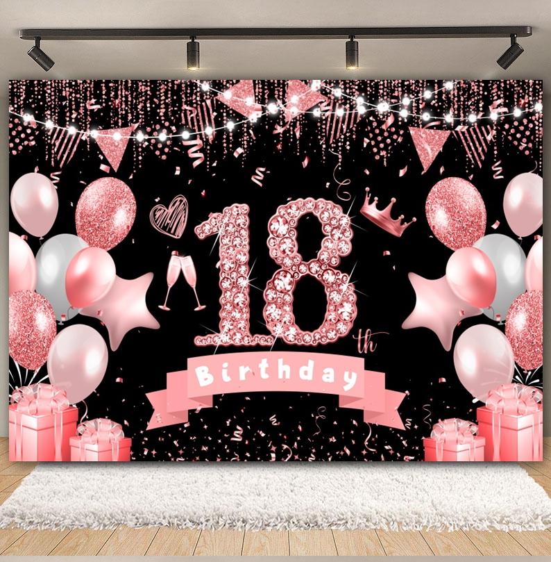 Schwarz Gold Rosa Blau Ballonband Thema Hintergrund, Geschenk zum Erwachsenwerden 18. Geburtstag Party Dekoration Fotografie Hintergrundtuch