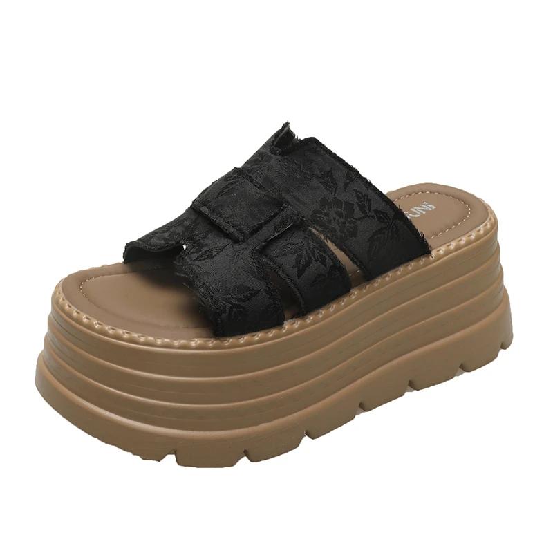 

Модные 8-сантиметровые каблуки Высокая платформа Женские шлепанцы с открытым носком Дизайнерские босоножки на крестообразной платформе Новая летняя обувь для женщины Пляжные шлепанцы с бусинами 34 чёрный