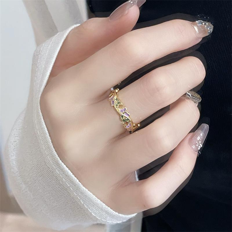 Enamel Flower Ancient Method Dripping Oil Gradual Change Opening Ring Women Exquisite Sweet Medieval Retro Light Luxury High Sense Ring