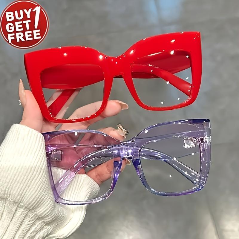 

2Pcs Simple And Elegant Glasses Pc Frame Eye Cat Square Shape Flat Lens For Women