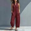 Women's Summer Sleeveless Jumpsuit Button Up Stand Collar Loose One Piece Overalls Casual Wide Leg Long Pants Rompers with Pockets
