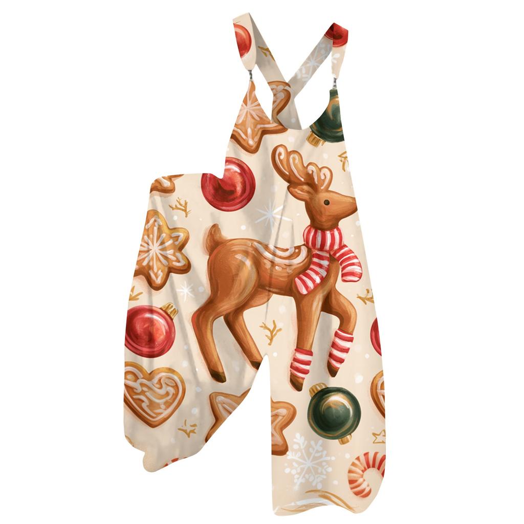 Damen Retro Sommer Overall Jumpsuit mit Weihnachtsdruck und nicht verstellbaren Trägern für den lässigen Alltag