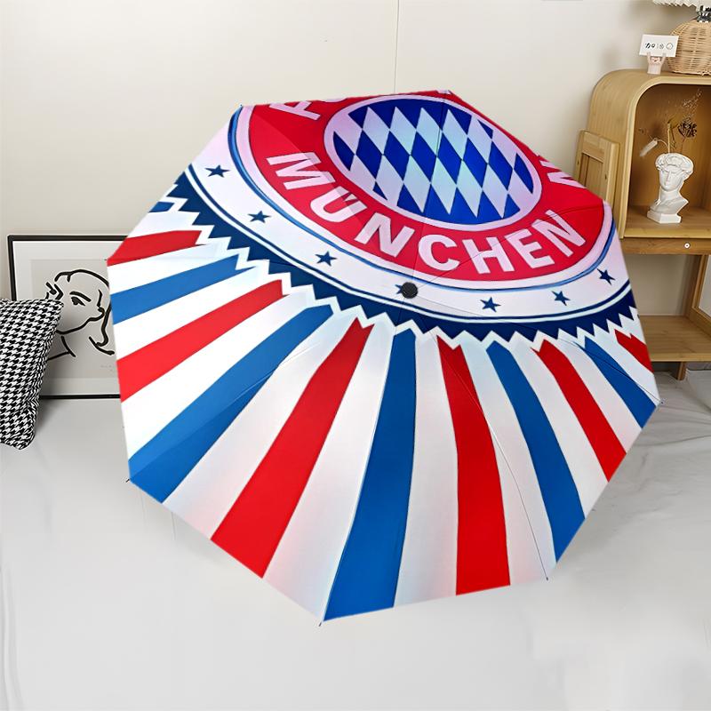 FC Bayern München Logo Print Automatic Umbrella, 8 Rib Iron Frame, Plastic Handle, Suitable for Outdoor Travel &Daily , Ideal Gift