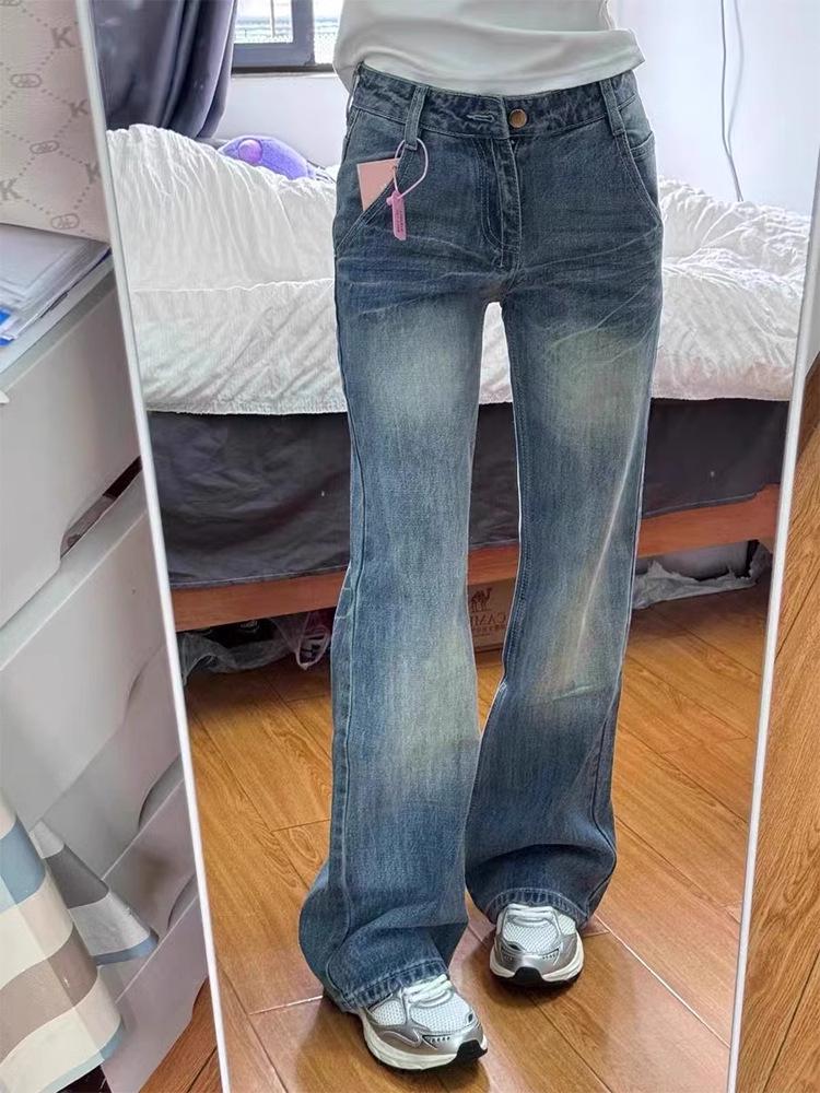 Plus Size Retro Flare Jeans for Women - Slimming Low Waist, Straight Wide Leg, Floor Length