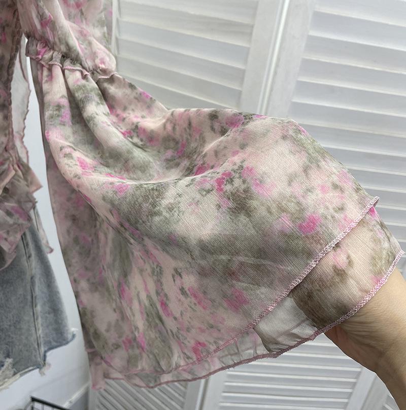 One-Shoulder Floral Print Bustier with Bell Sleeves and Lace-Up Back