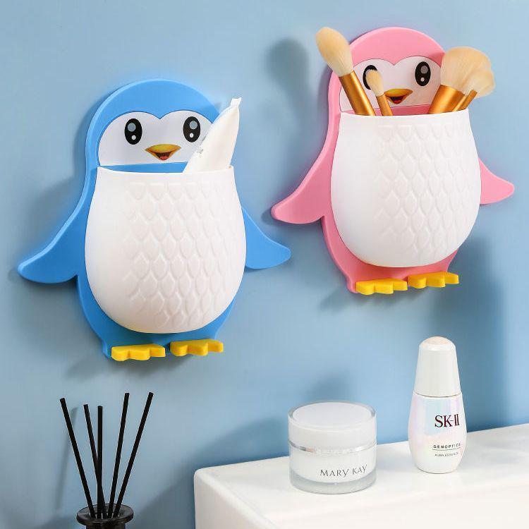 Cartoon Penguin Wall-Mount Organizer: Makeup, Toothbrush, and Phone Storage