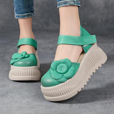 Fashion GKTINOO Retro Round Toe Thick Sole Sandals 2025 Summer New Genuine Leather Casual Flower Women's Flat Platform Shoes