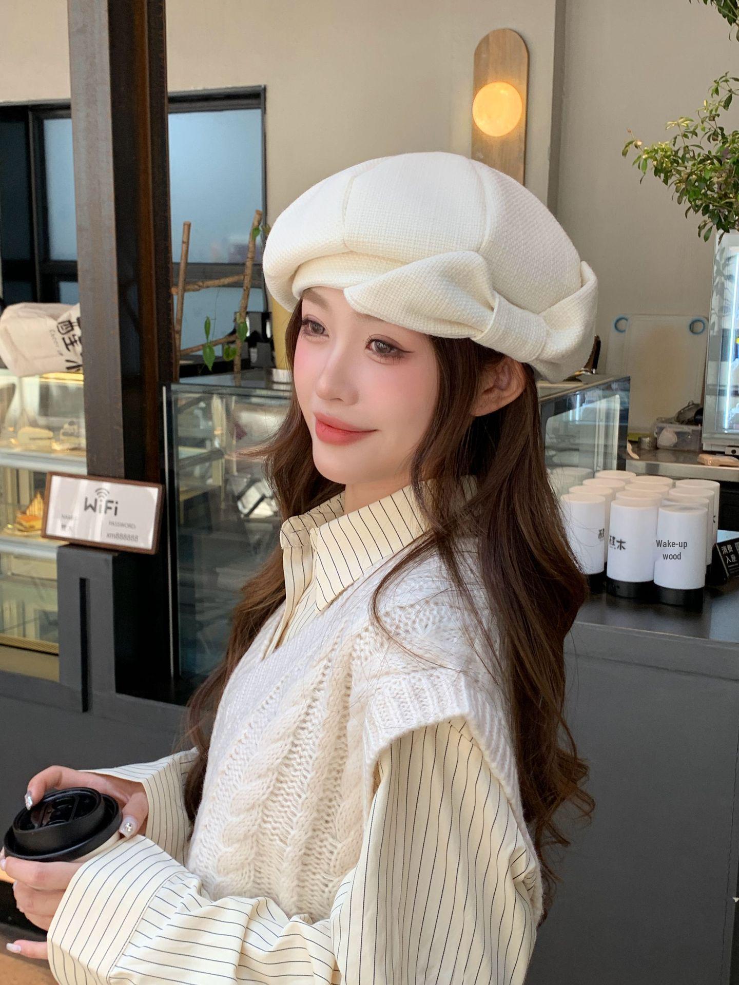 

2025 Берет с большим бантом для женщин: Летне-осенний стиль художника для большой головы, эффект худого лица One Size белый