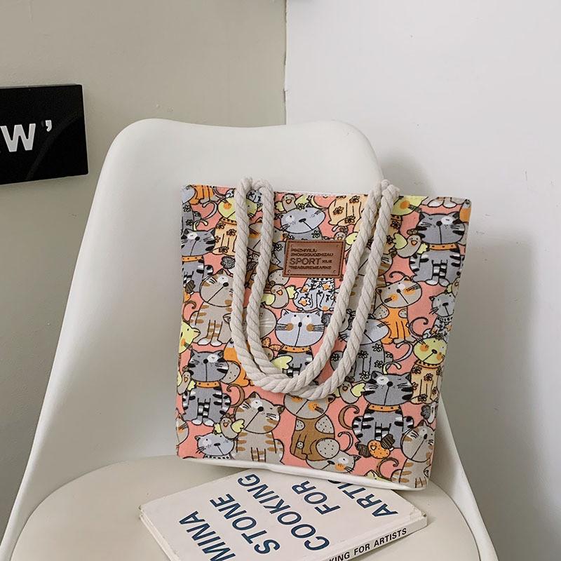 Cute Cartoon Cat Pattern Women Casual Large Capacity Canvas Bag For Daily Use And Street Fashion