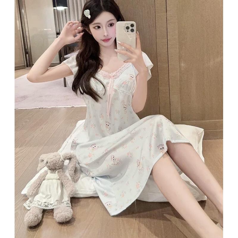 1011 Summer New Sweet Ice Silk Nightdress Women's Sexy Pajamas with Chest Pads Thin Long Court Style Loungewear