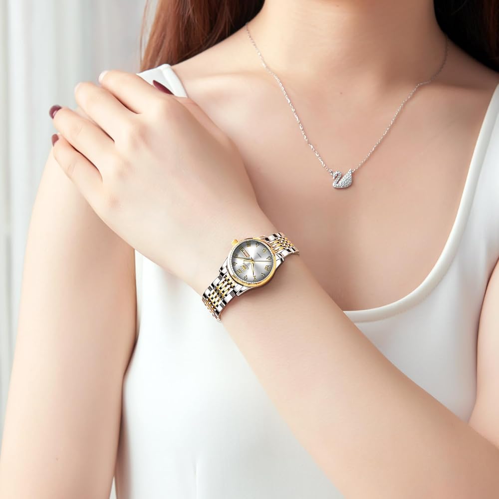 OLEVS Women's Analog Quartz Watch Waterproof Luminous Gold White Stainless Steel Band Fashion Timepiece