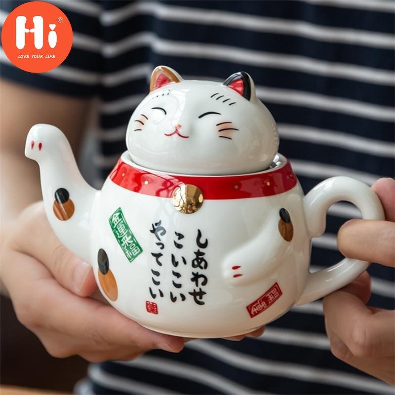 Hi Cute Japanese Lucky Cat porcelánová čajová sada Kreativní Maneki Neko keramická konvice na čaj se sítkem Kancelářský hrnek na čajovou konvici na vodu