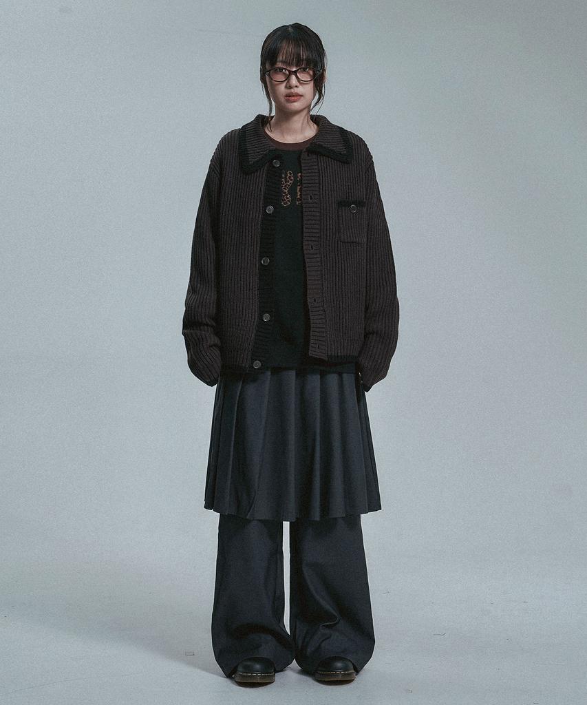 MOO Contrast Collar Knit Cardigan - Brown