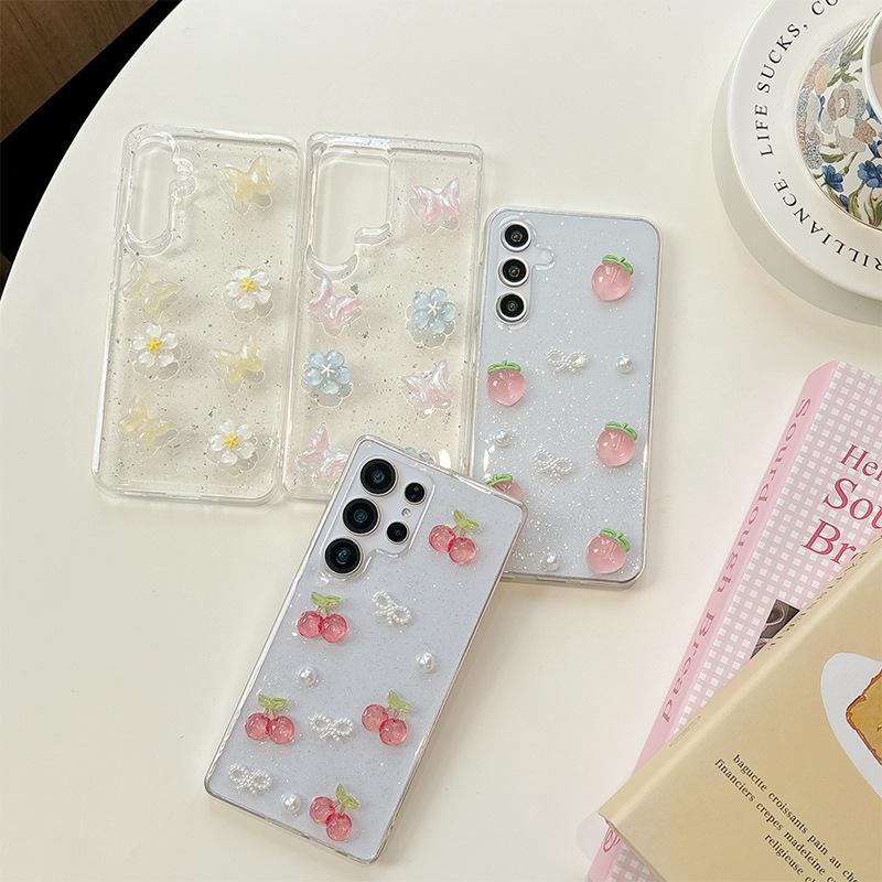 Three-Dimensional Strawberry Cherry Mobile Phone Case For Samsung A14 Butterfly S25Ultra Glitter S24Plus Bow Women