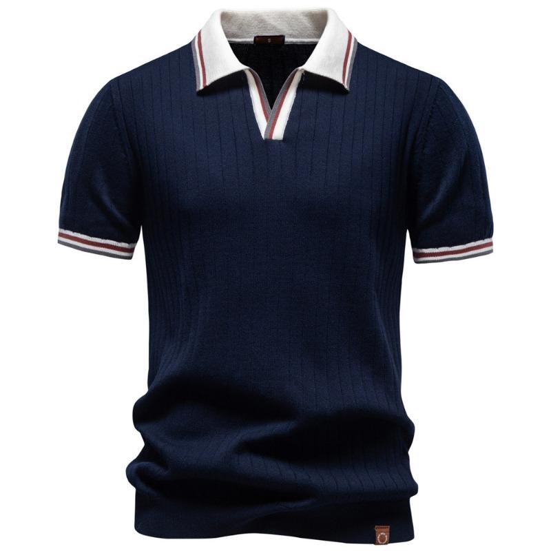 

Men s Textured Fabric Color Block Cuff Short Sleeve Polo Shirt S темно-синього кольору