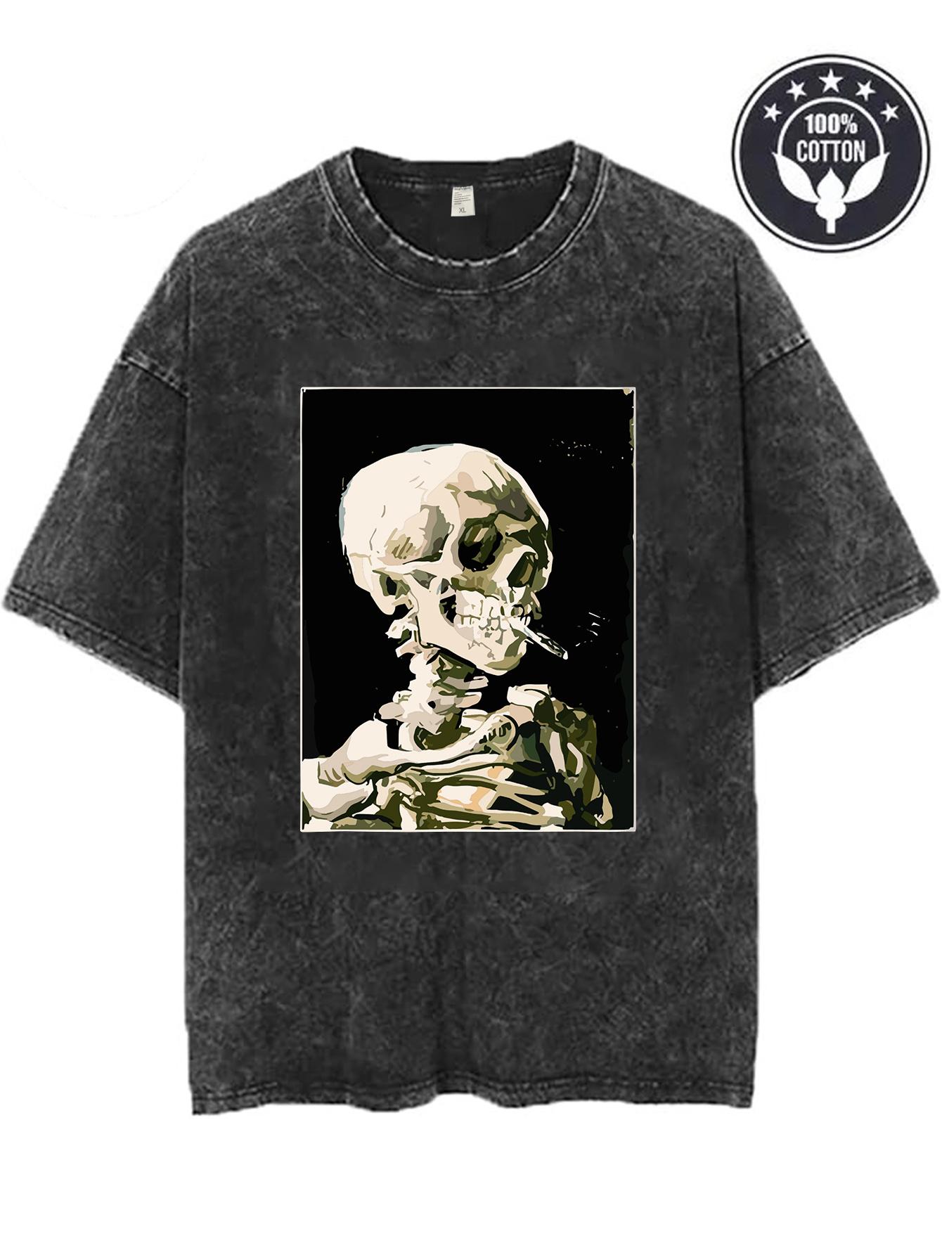 Aesthetic Skeleton Streetwear Skull Graphic Art Printed Men S Washed T-Shirt, 230G High-Quality Pure Cotton Washed S