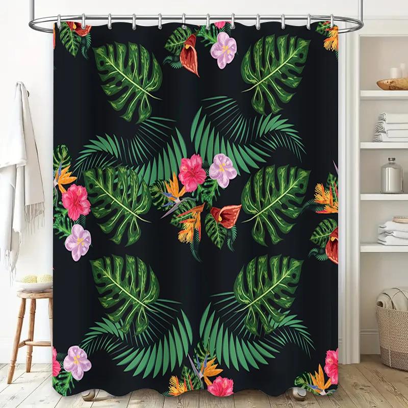 Exotic Floral Green Leaf Shower Curtain for Bathroom Decor Polyester Fabric Printed Black Color Shabby Chic Home Bathing Waterpr