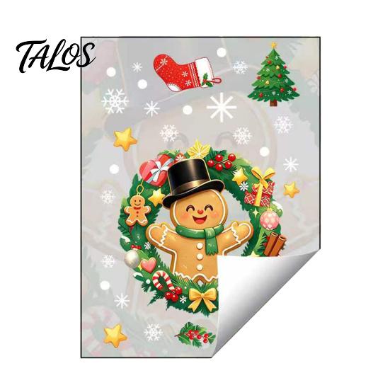 Gingerbread Man Decals Christmas Static Window Sticker, Wreath Pattern Print PVC Removable Decal, Decorative Film Waterproof Glass Cling for