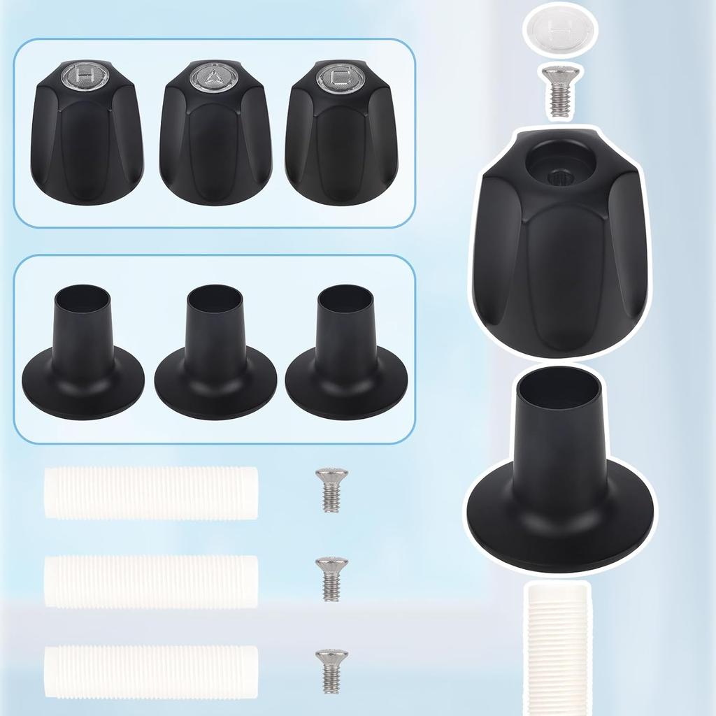 3pcs Shower Knobs Replacement Kit, Matte Black Shower Knobs Include Base Connectors Screws Compatible with pfister Verve Bathtub Faucet Handle