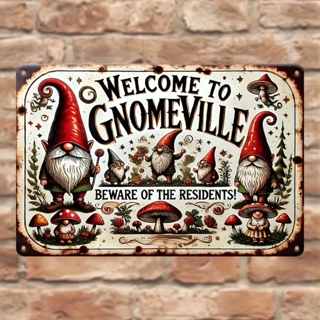 Vintage Gnome Welcome Sign Metal Wall Decor Weatherproof Outdoor Garden Art
