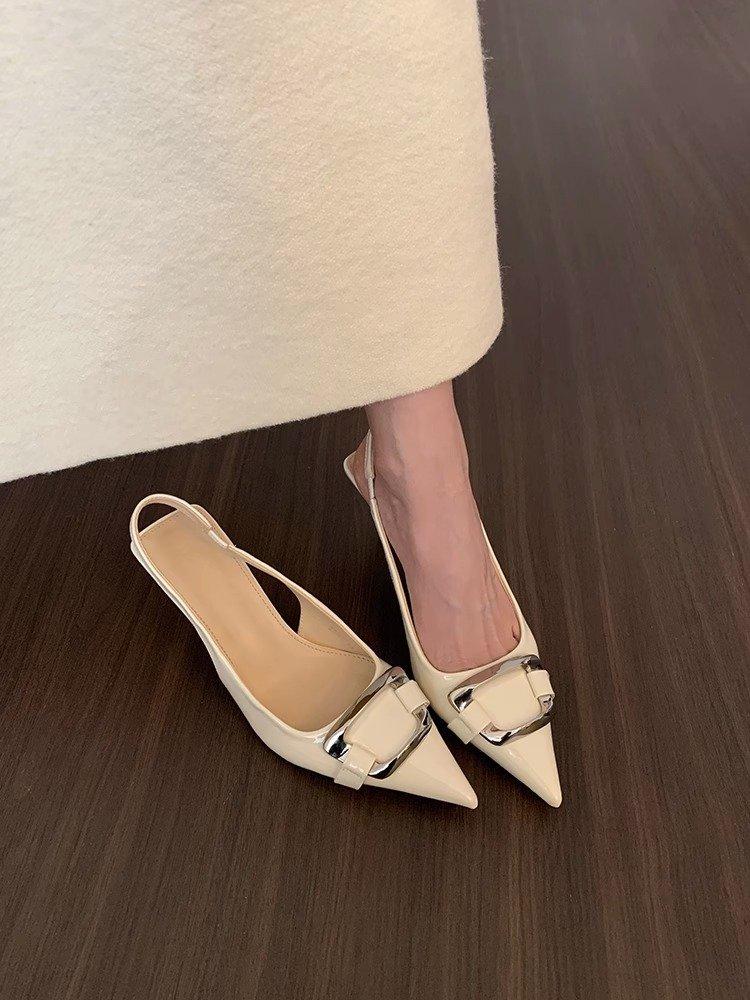 

Красивые новые модные туфли-лодочки на толстом каблуке с острым носком и металлической пряжкой, удобные и универсальные 40 хаки