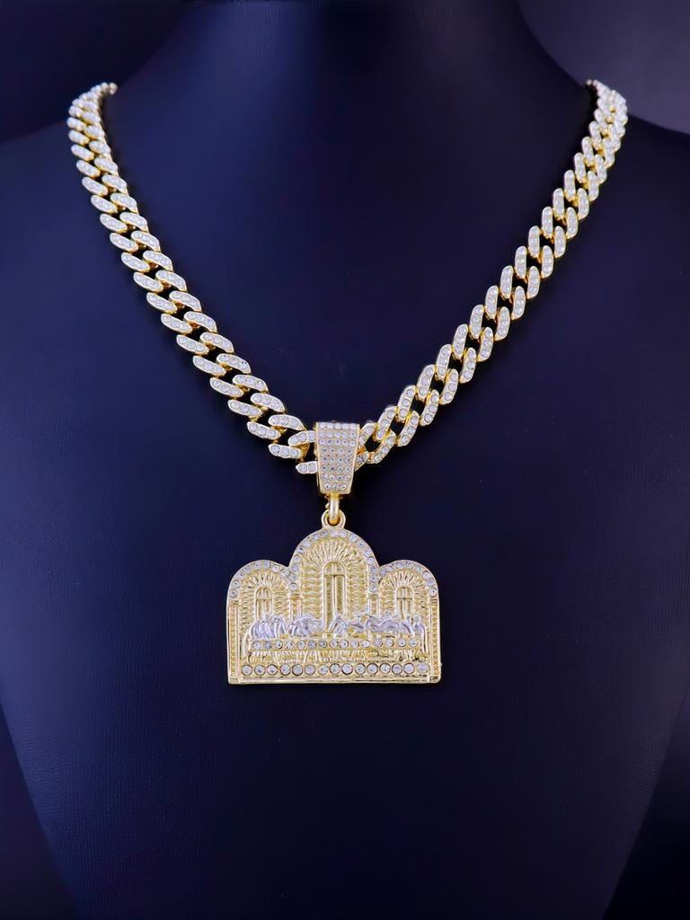 1 Piece 14K Gold Plated Hip Hop Punk Style Round Medallion Last Supper Pendant with Cuban Chain Cross Charm with Figaro Style