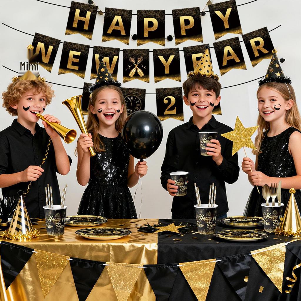 Black Gold New Year Party Set: Disposable Plates, Cups, Napkins & Decorations