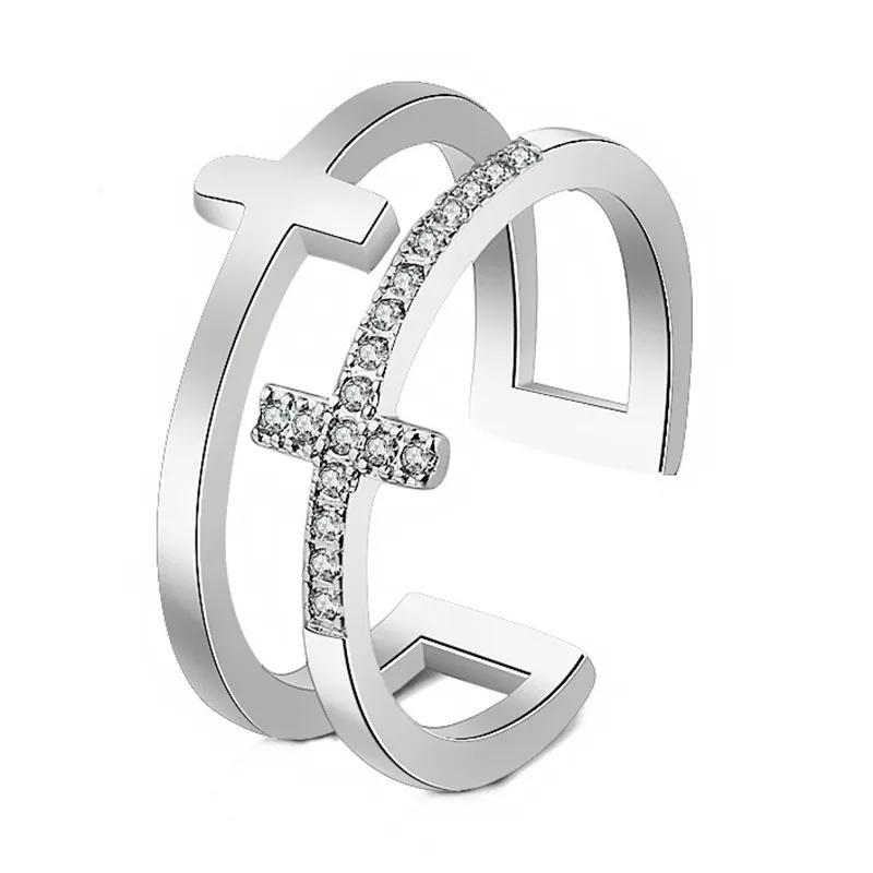 Gold Double Cross Zircon Ring for Women, Luxury Vintage Shiny Zircon Inlaid Finger Ring Fashion Jewelry Gift